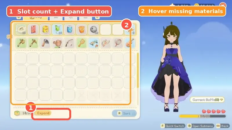 Starsand Island inventory and bag expansion screenshot